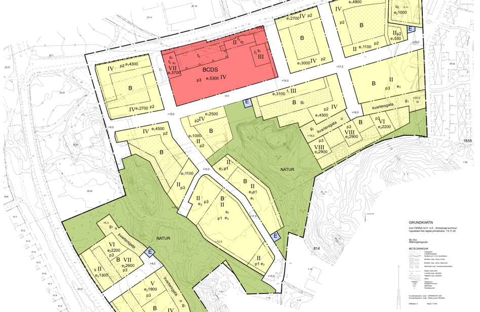 Exempel p&aring; planritning med markerade omr&aring;den f&ouml;r allm&auml;nna platser och kvartersmark