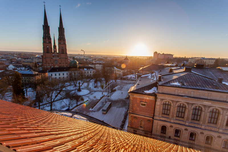 Utsikt över ett vintrigt Uppsala med domkyrkan och närliggande byggnader i blickfånget 