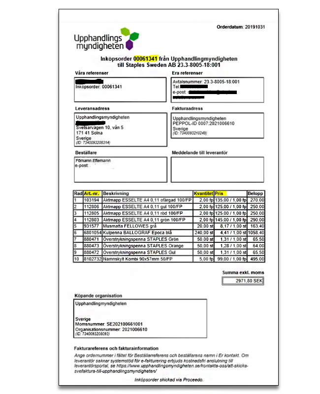 Ett exempel p&aring; en ink&ouml;psorder med alla uppgifter inklusive ink&ouml;psorderummer, artikelnummer, kvantitet och pris f&ouml;r det som k&ouml;pts in.