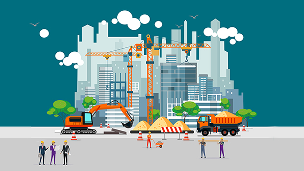 Illustration med stad och byggkranar