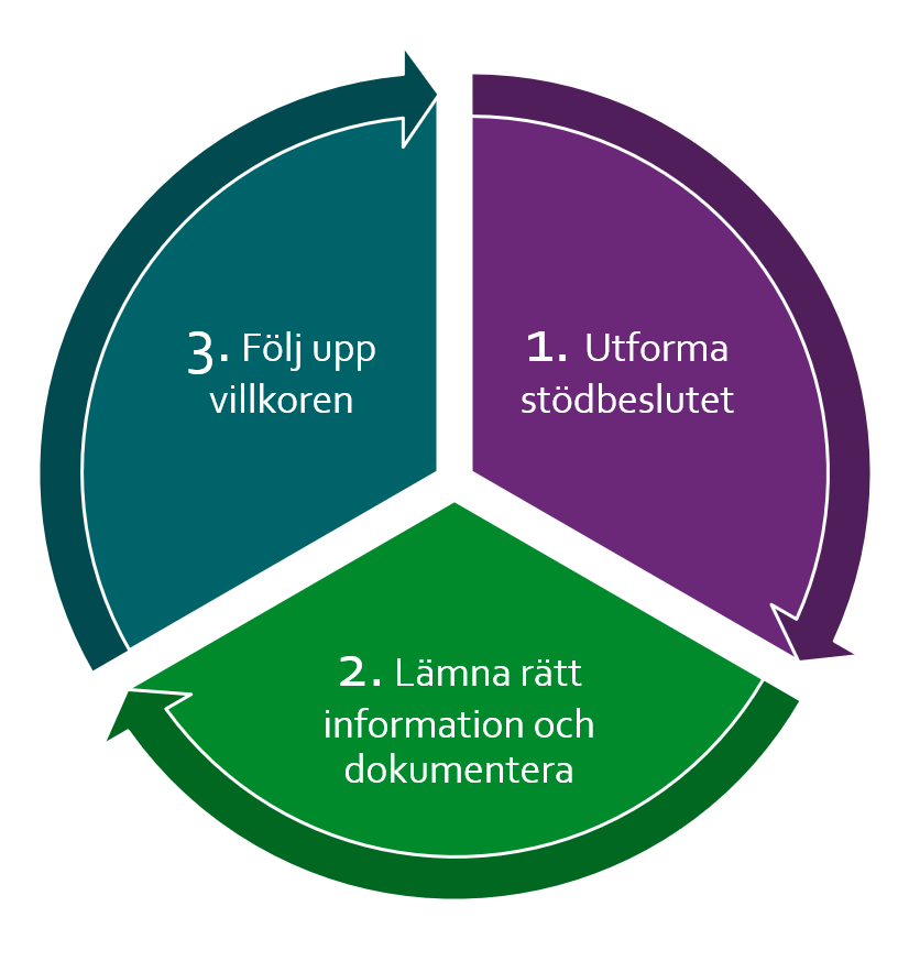 1. Utforma stödbeslut. 2. Lämna rätt information och dokumentera. 3. Följ upp villkoren.