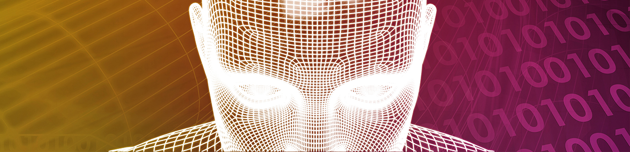 Ett ansikte uppbyggt av ett lysande nätverk, omgivet av binär kod. 