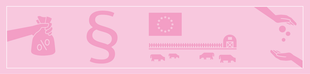 Illustration med bland annat paragraftecken, EU-flagga, pengar och kossor