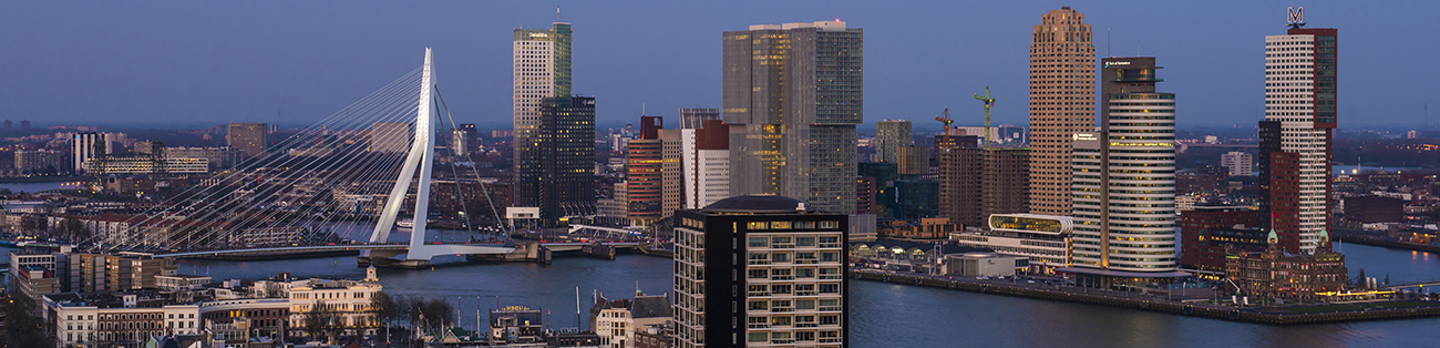 Rotterdams skyline med moderna höghus och broar.